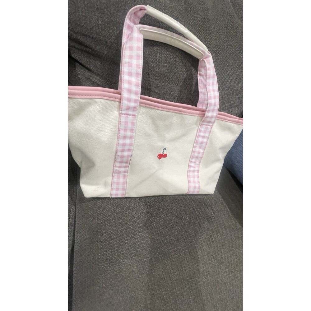 Malbon Golf Canvas Tote Bag Pink Gingham Cherry Embroidered Ivory Shopper Bag